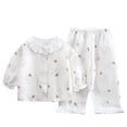 thumbnail image 2 of Conjunto de ropa de casa para niños con cuello vuelto y manga larga, pijama pequeño y fresco con solapa y ribete de encaje para niñas, conjunto de dos piezas, ropa transpirable para bebé con aire acon, 2 of 9