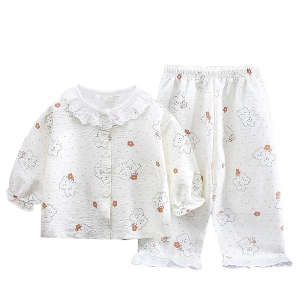 Pajamas de las Niñas Del Bebé Conjuntos Encaje Recortado Solapa Manga Corta Dos Piezas de Pijamas, Suave Respirable Aire Acondicionado Ropa de Dormir para Niños Pequeños