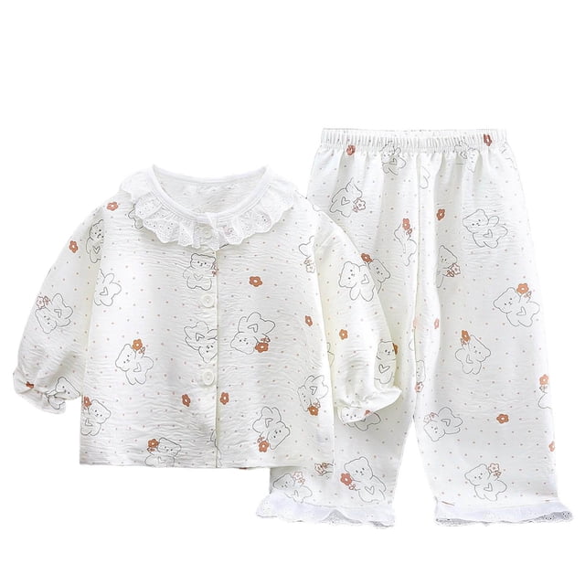 Pajamas de las Niñas Del Bebé Conjuntos Encaje Recortado Solapa Manga Corta Dos Piezas de Pijamas, Suave Respirable Aire Acondicionado Ropa de Dormir para Niños Pequeños