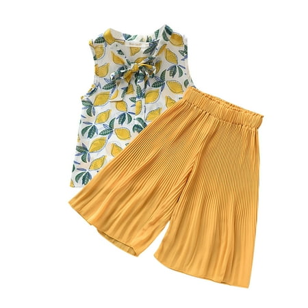 

GWAABD Baby Girls Summer Clothes Yellow Cotton Blend Toddler Kids Baby Girls Sleeveless Floral T Shirt Tops Chiffon Loose Pants 2PCS Outfits Clothes Set 130