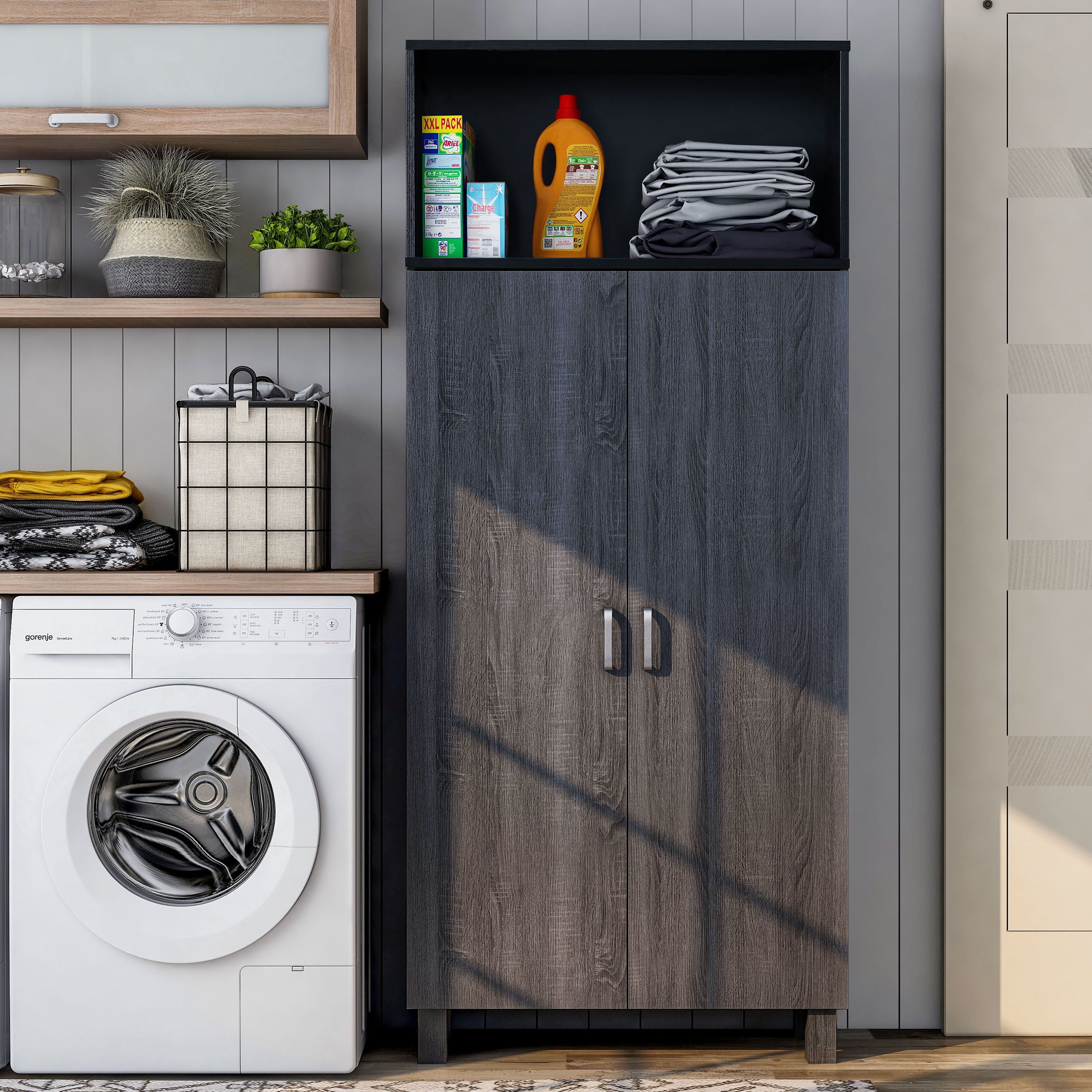 Furniture of America Audie Wood 5-Shelf Pantry Cabinet, Gray and Black