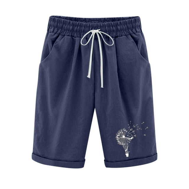 Pantalones cortos informales de lino y algodón de talla grande con estampado de cinco puntos para mujer Pompotops ulkah937513