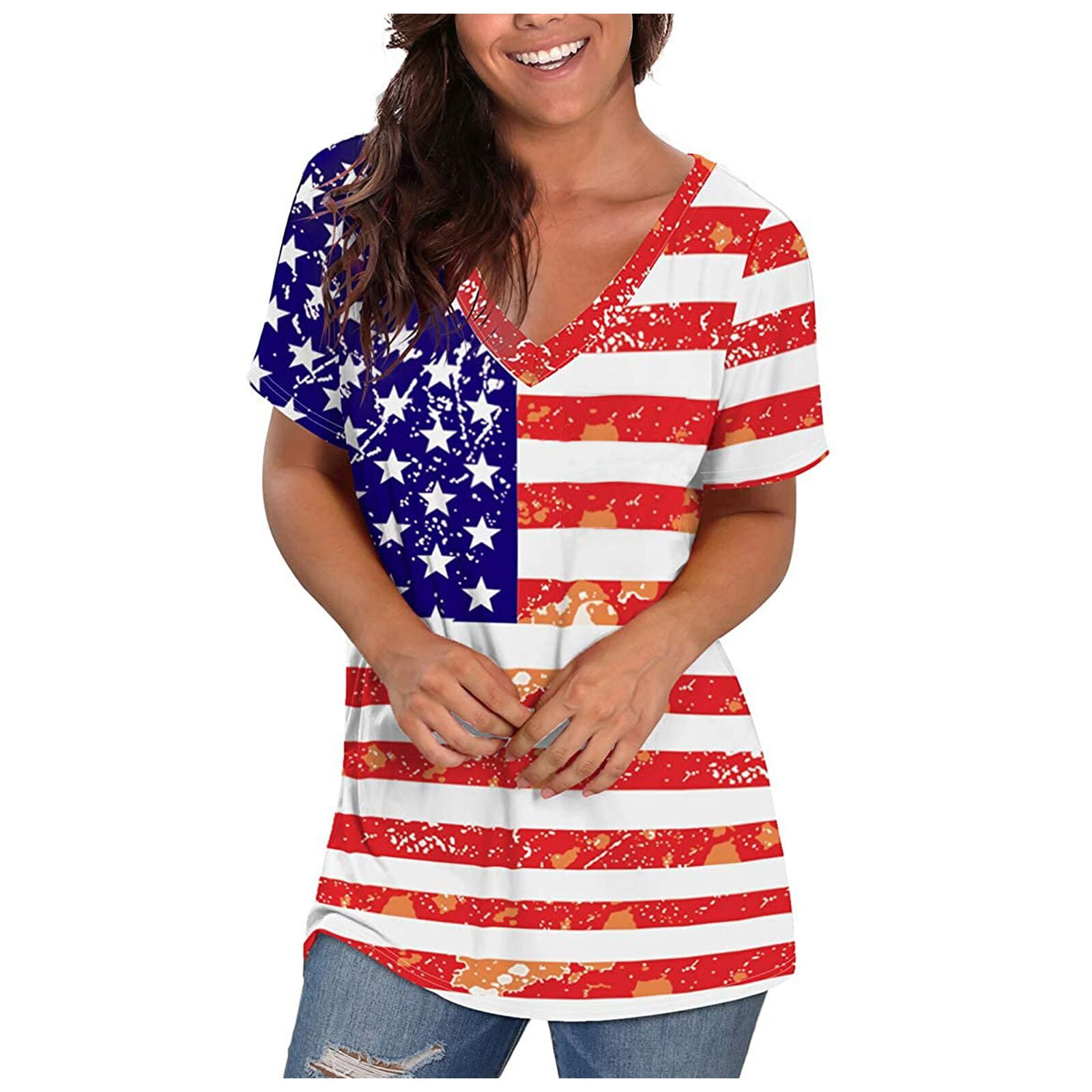 Lanhui Womens Plus Size Slim American Flag Short Sleeve Tank Tops Strapless Blouse
