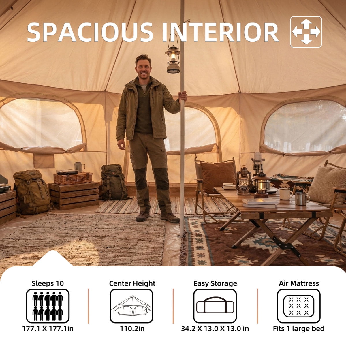LuckyNote 600D Oxford Bell Tent 14.8ft x 9.2ft with Stove Jack, Large Family Camping Tent for Glamping & Outdoor, Khaki