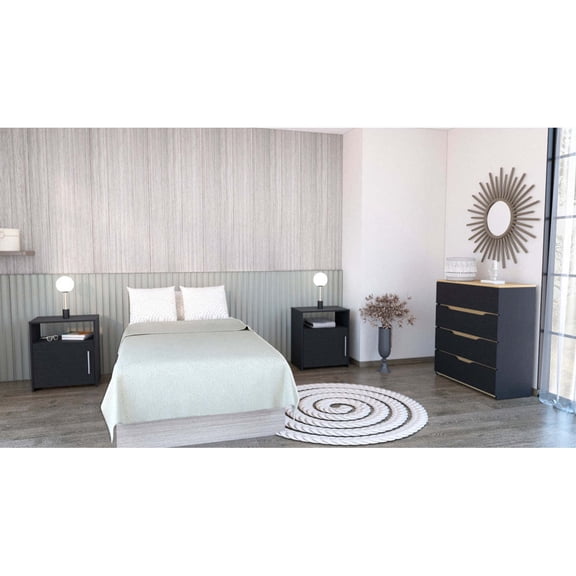 Miekor Furniture 3 Piece Bedroom Set, Aralia Drawer Dresser, 2 Omaha Nightstands, Black / Light Oak B5A9729