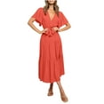 thumbnail image 4 of PiGOGI Women's Elegant Lace Up Dress V-Neck Short Sleeve Long Flowy Casual Summer Maxi Dress Watermelon Red XXL, 4 of 9