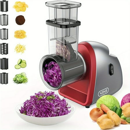 250W Powerful Electric Salad Shooter with 6 Interchangeable Blades - Heavy-Duty Food Processor for Vegetables, Fruits, Cheese, Slaws, Salsas - Quick Chopping, Shredding, Grating - Compact Design
