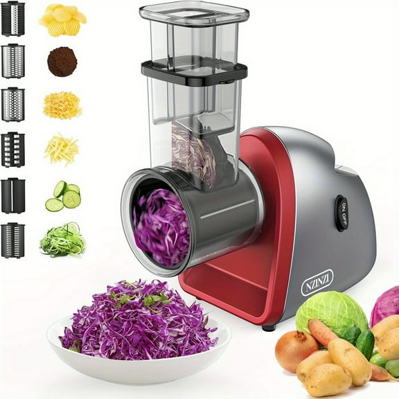 250W Powerful Electric Salad Shooter with 6 Interchangeable Blades - Heavy-Duty Food Processor for Vegetables, Fruits, Cheese, Slaws, Salsas - Quick Chopping, Shredding, Grating - Compact Design