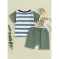thumbnail image 5 of FEORJGP Toddler Baby Boy Summer Daily Outfits Infant 6M 1T 2T 3T 4T Short Sleeve T-Shirt Crew Neck Shirt Striped Print Tops + Pocket Drawstring Shorts Set Loose Casual 2Pcs Clothes, 5 of 9