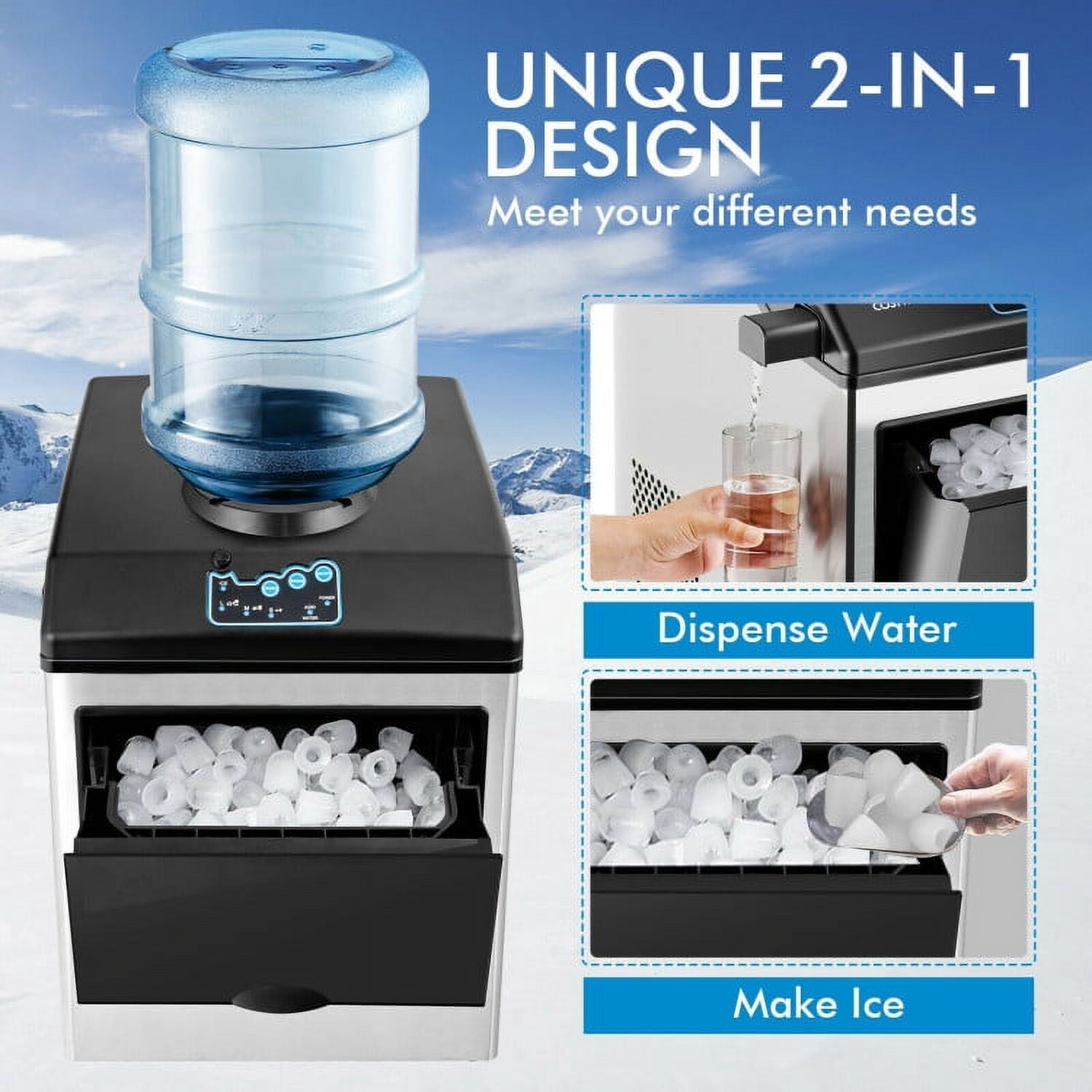 Resenkos 2-in-1 Stainless Steel Countertop Ice Maker with Water Dispenser,Countertop Ice Maker Machine with Handle, Portable Ice Maker with Scoop for Home/Kitchen/Camping/RV