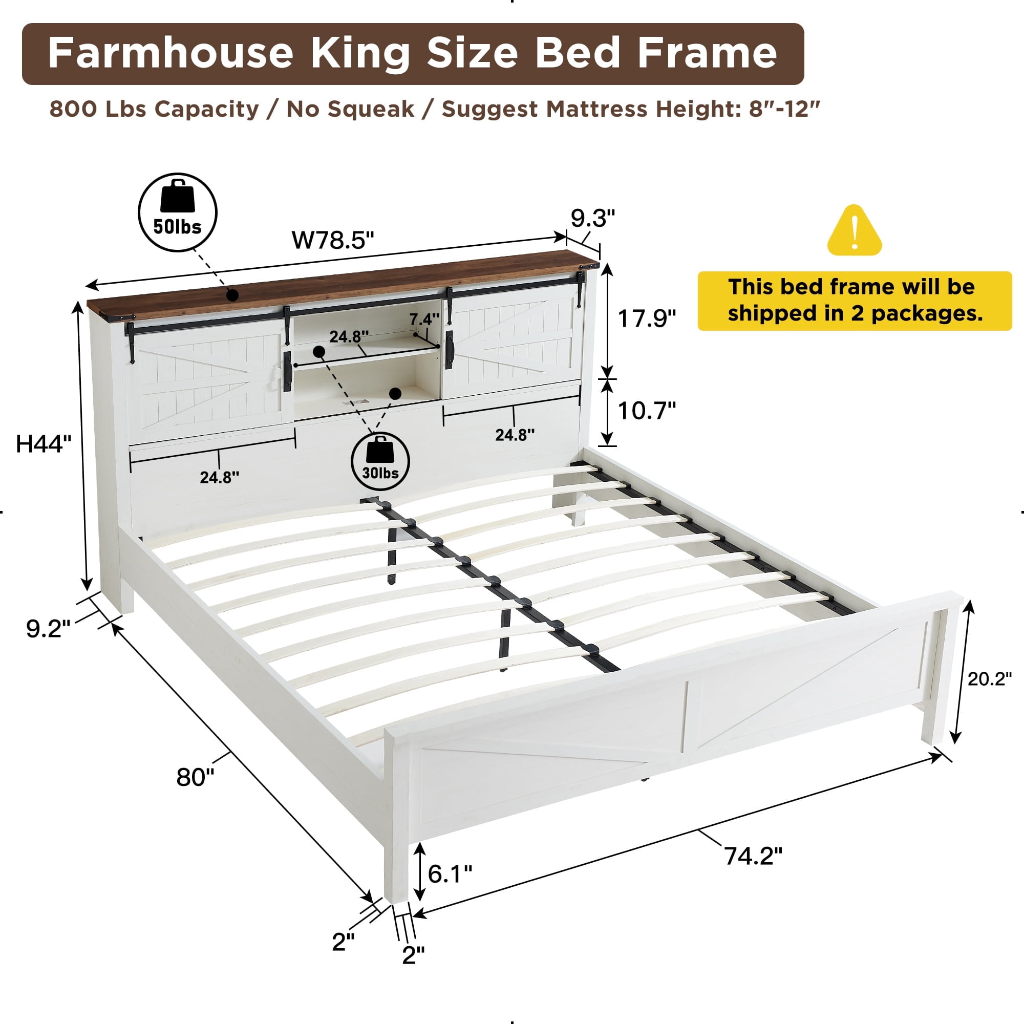 OKD Modern Farmhouse King Platform Bed with Bookcase Headboard Storage and Charging Station, No Box Spring Needed, Anitique White