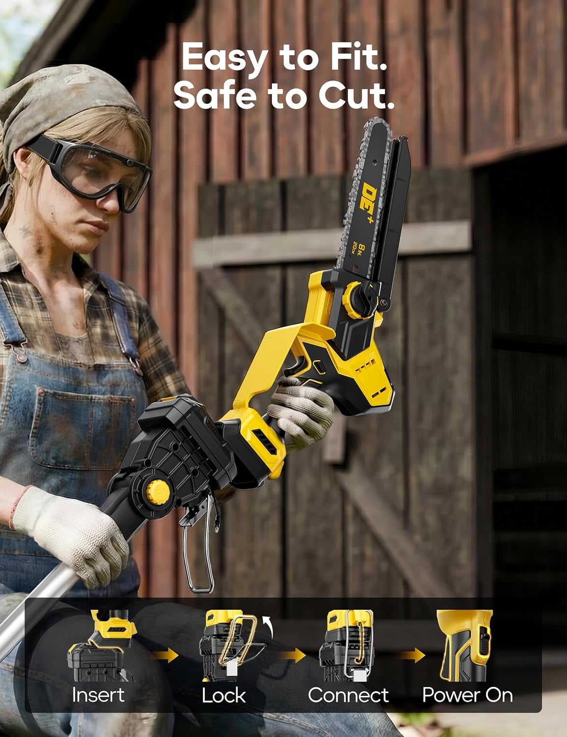 2-in-1 Cordless Pole Saw for DeWalt 20V Max Battery, Brushless 8” Mini Chainsaw for Tree Trimming, 16 ft Maximum Reach with Extension Pole (Tool Only)