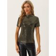 thumbnail image 4 of Camiseta con Lentejuelas para Mujer Blusa de Fiesta Brillante de Manga Corta con Cuello Alto Oro S, 4 of 5