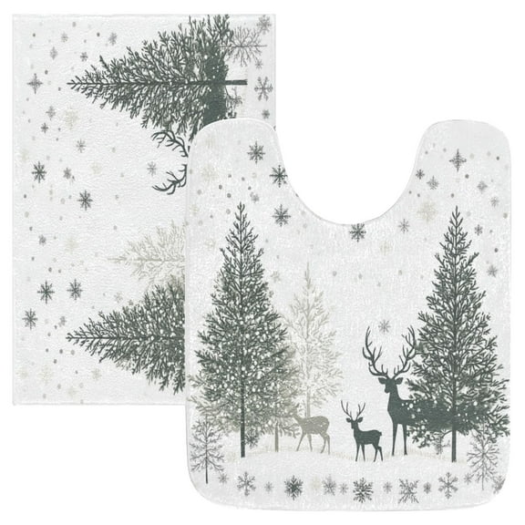 2 Piece Soft Bathroom Rug Set Christmas Forest Bath Mat and U-Shaped Toilet Contour Rug (16"x24" 20"x24")