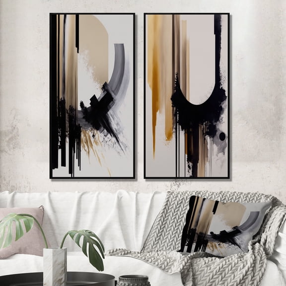 Designart "Expression in Black, White, and Gold IV" Abstract Framed Wall Art Set Of 2 - Black Geometric Framed Canvas Set For Living Room Decor