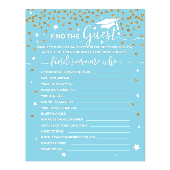 Koyal Wholesale Baby Blue Gold Graduation Name the Guest Game Cards, 20-Pack