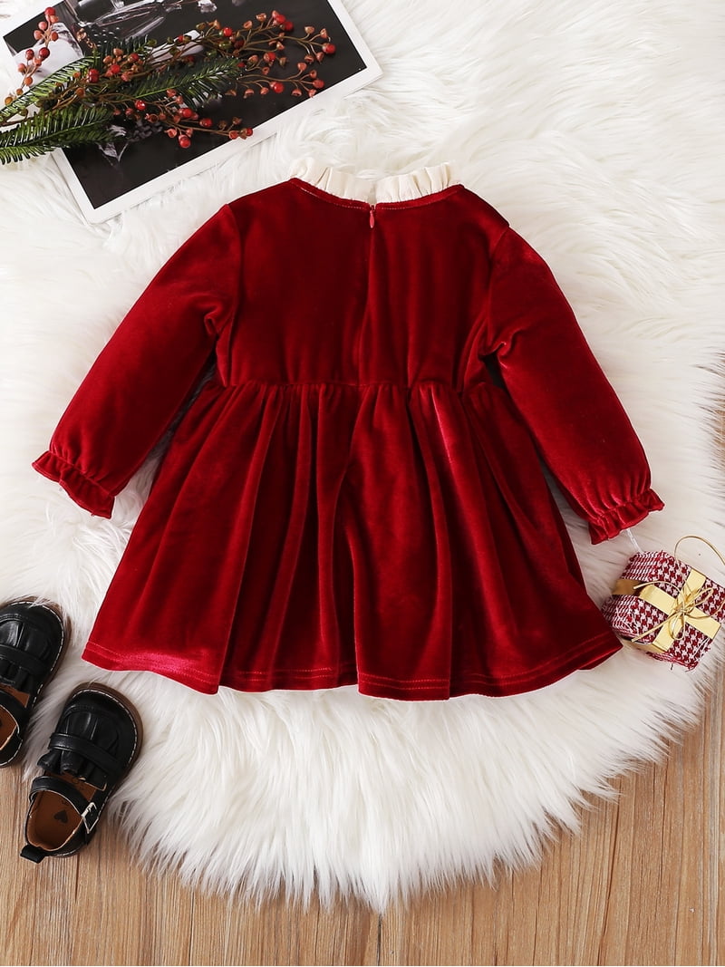 Wassery Toddler Girls Christmas Dress Velvet Princess Dress 6M 9M 12M 18M  24M 3T Infant Baby Girls Patchwork Ruffled Neck Long Sleeve Bowknot Front  ...