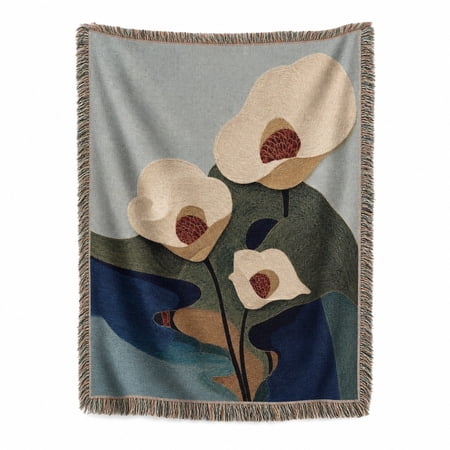 Abstract Botanical Blue Green and Beige Woven Throw Blanket Cotton with Fringed Edges Modern Decor for Living Room