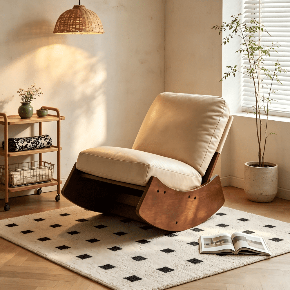 Glider Rocking Chair, Upholstered Accent Reading Chair with Solid Wood Frame & Smooth Gliding Motion, Comfortable Nursery Chair for Bedroom Living Room