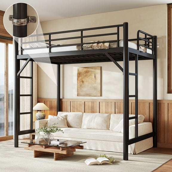 ChenyueFurn Twin Metal Loft Bed with Ladder and Guardrails,Black