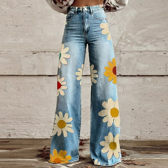 YanHoo Women's Floral Printed Jeans Wide Leg Baggy High Waisted Y2K Boyfriend Jean Denim Pants Distress Vintage Straight Leg Pants Beige,XXXXL