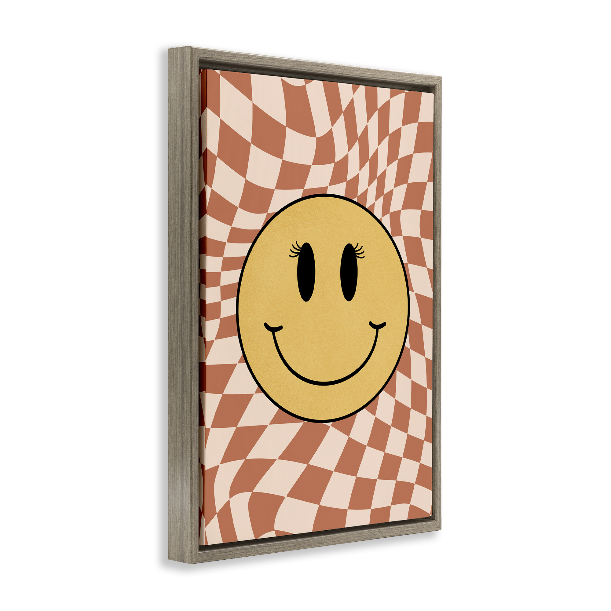 Stupell Industries Retro Checkered Smiley Novelty & Humor Painting Brown Floater Framed Canvas Art Print Wall Art, 21 x 31
