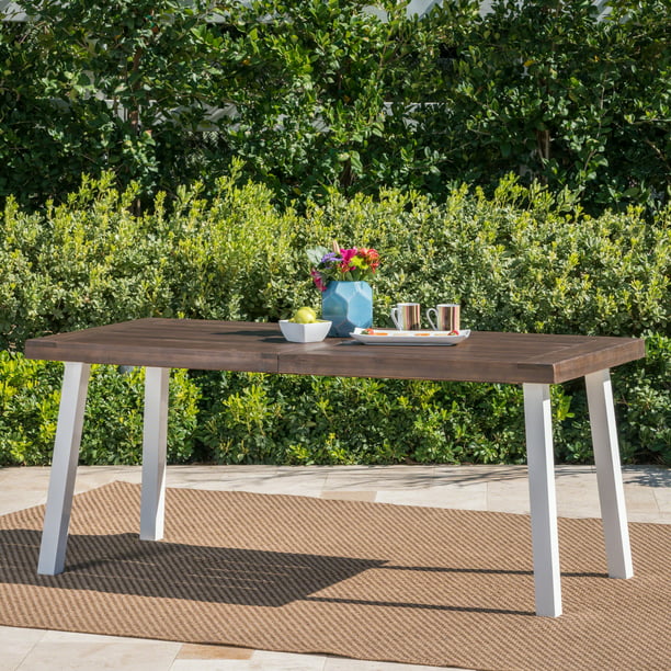 Elaina Outdoor Acacia Wood Dining Table, White Metal Outdoor Dining Table