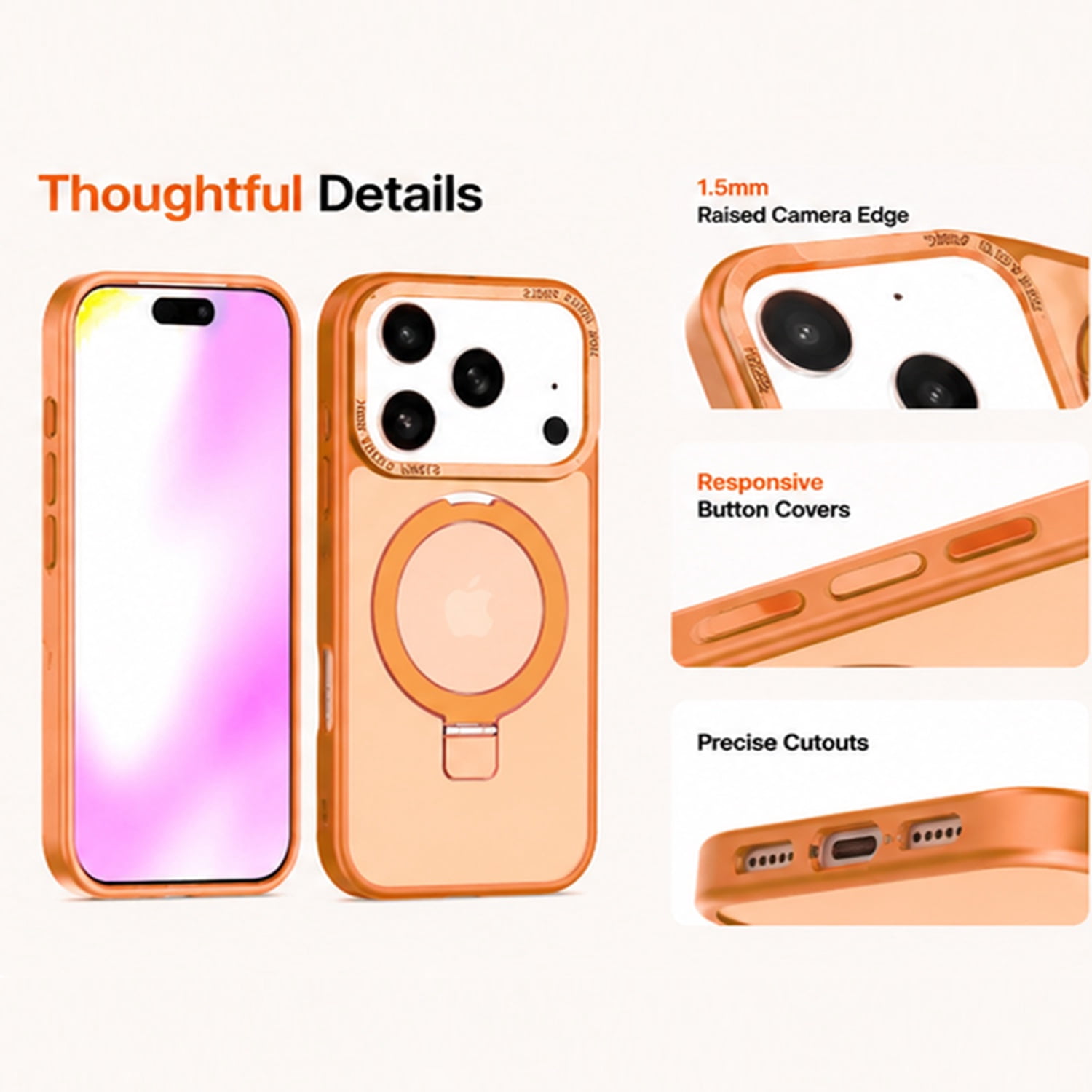 Rugged Carbon Fiber Protective Case with Ring Holder for iPhone 17 Pro Max - Orange