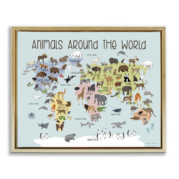 Stupell Industries Modern Animals Around The World Map Gold Floating Frame Canvas Art, 21 x 17, by Stephanie Workman Marrott
