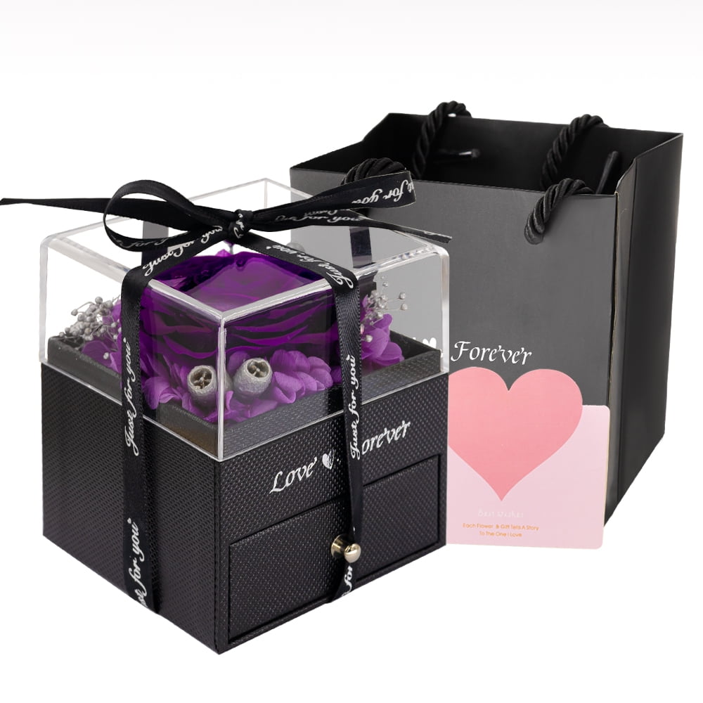 Eternal Rose with Necklace Earrings Set Birthday Gifts for Women Mom Preserved Real Flowers Mothers Day Valentines Day Gifts Anniversary Jewelry Sets for Women Grandma Wife Girlfriend Her (Purple)