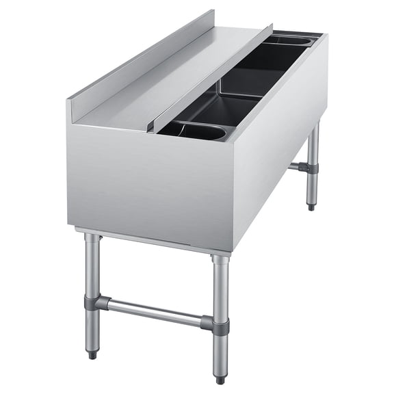 KFFKFF Commercial Ice Bin, 137.4 Qt Capacity, 48 x 19 x 33 Inch Stainless Steel Chest with Sliding Lid and Bottle Storage, Cooler Cart for Bar, Restaurant, or Pub, NSF Certified