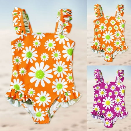 RTKFRFLM Girls One Piece Swimsuit Floral Graphic Cute Cartoon Bathing Suit for Little Kids Summer Beach Pool Party Swimming Lessons High Elastic Swimwear Red 4-5 Years