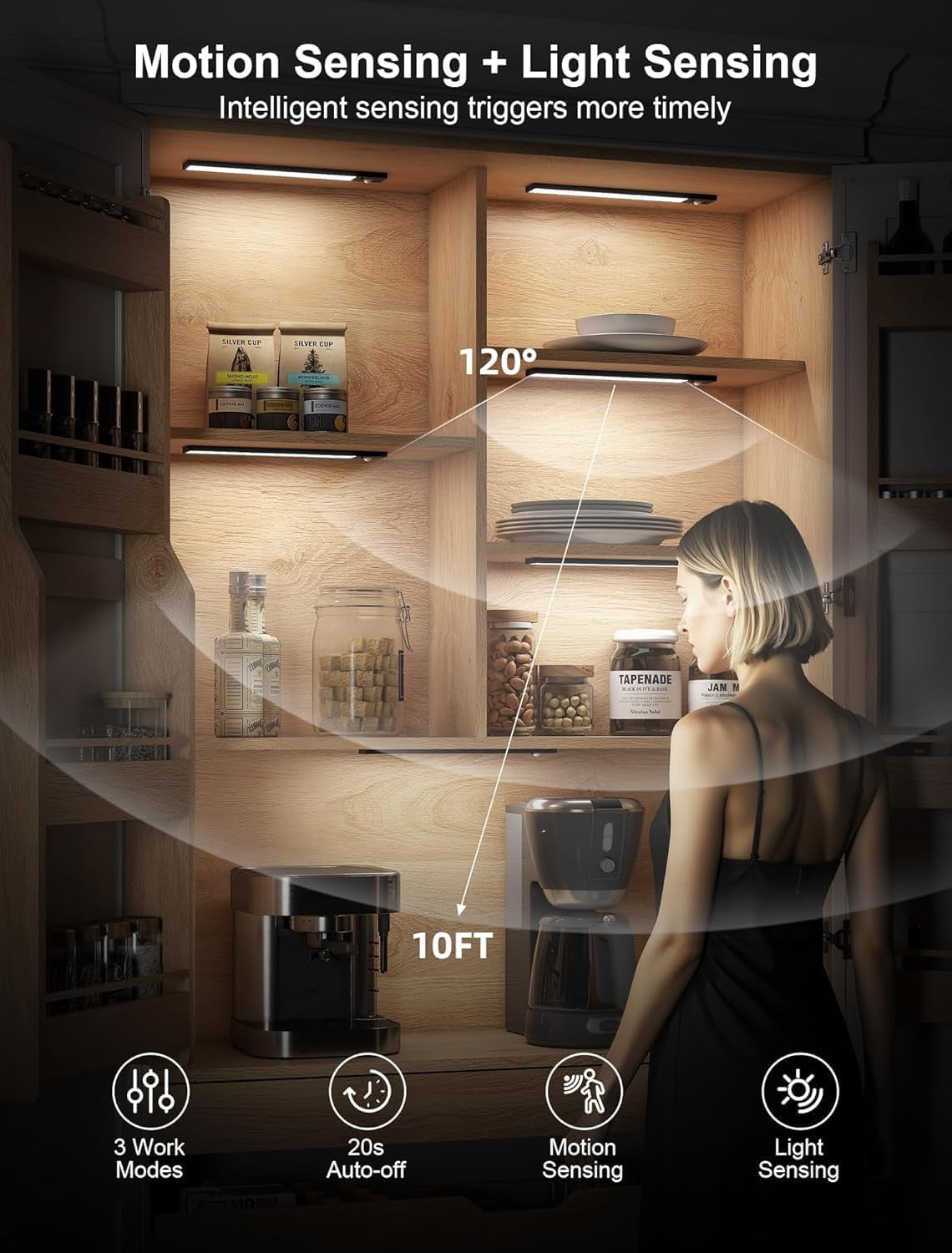 Under Cabinet Lighting Wireless with Remote,56 LED Rechargeable Motion Sensor Light Indoor,3000mAh Cabinet Lighting,3 Color Modes &7 Dimmable Levels,Magnetic Under Counter Lights for Kitchen