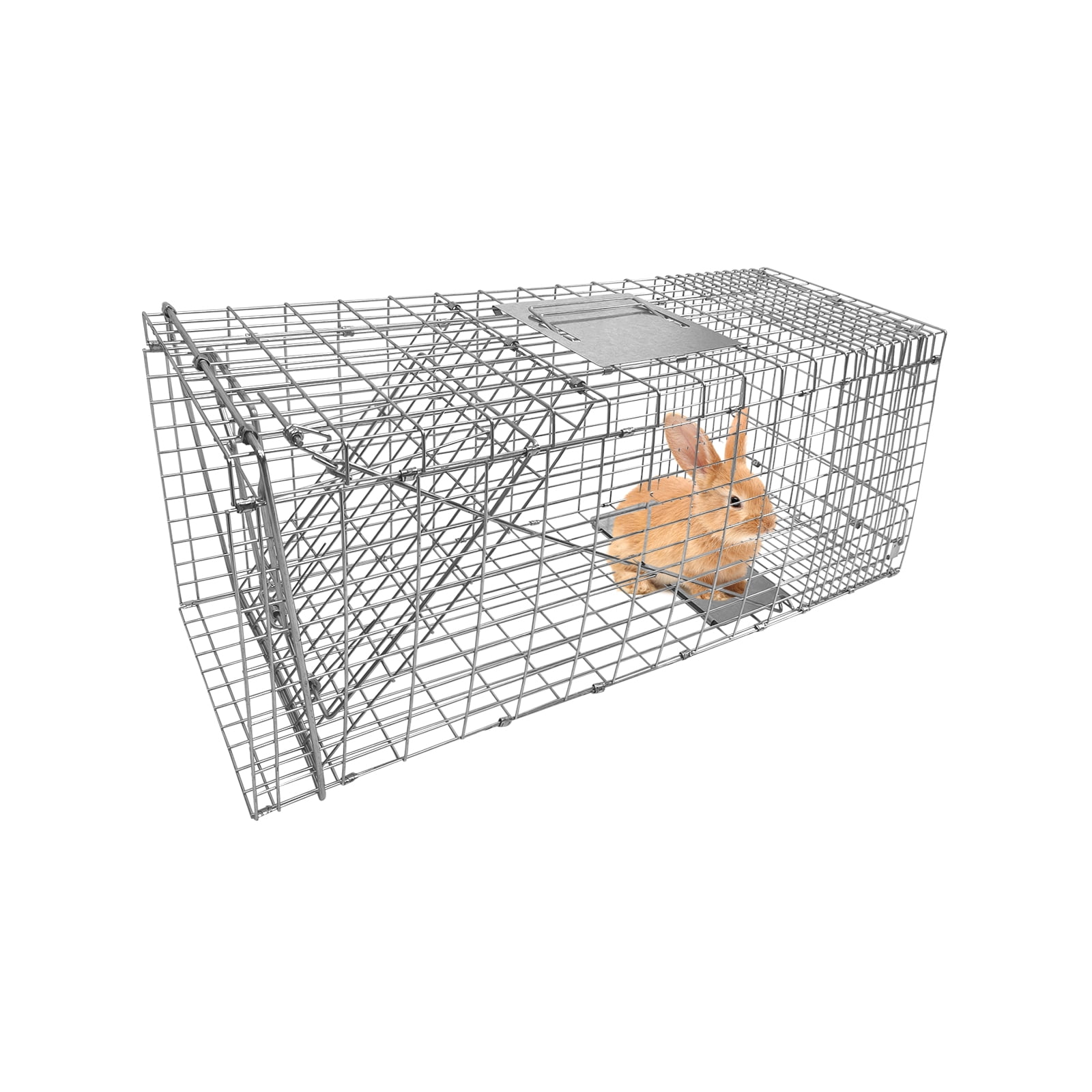 PRIJESSE 31inch Foldable Humane Live Animal Trap Cage for Squirrel, Rat, Bunny, Mink, No-Kill Bait Trapping Kit, Catch & Release, Silver