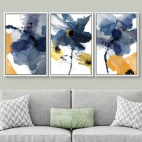 IDEA4WALL Framed Canvas Print Wall Art Set of 3 Blue and Orange Blossoms Botanical Flower Watercolor Artwork Nature Tropical Plants Modern Art for Entryway, Bedroom, Office - 24"x36"x3 White