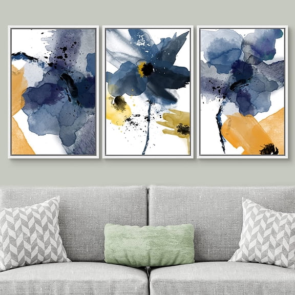 IDEA4WALL Framed Canvas Print Wall Art Set of 3 Blue and Orange Blossoms Botanical Flower Watercolor Artwork Nature Tropical Plants Modern Art for Entryway, Bedroom, Office - 24"x36"x3 White