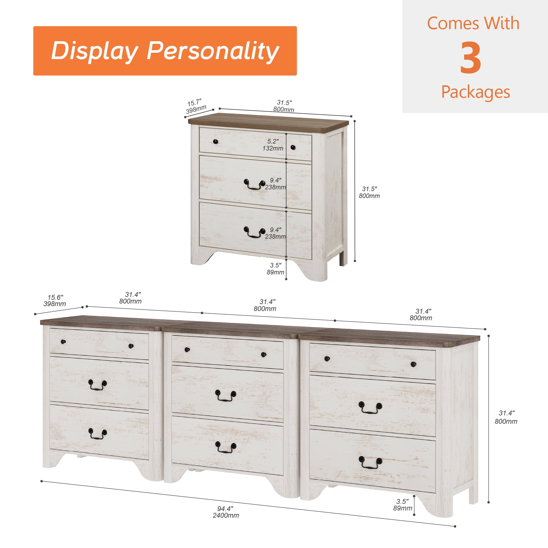 WAMPAT 3 Drawer Dresser Set of 3 for Bedroom,White Dresser Closet Dressers Chest of Drawers for Living Room, Entryway and Hallway