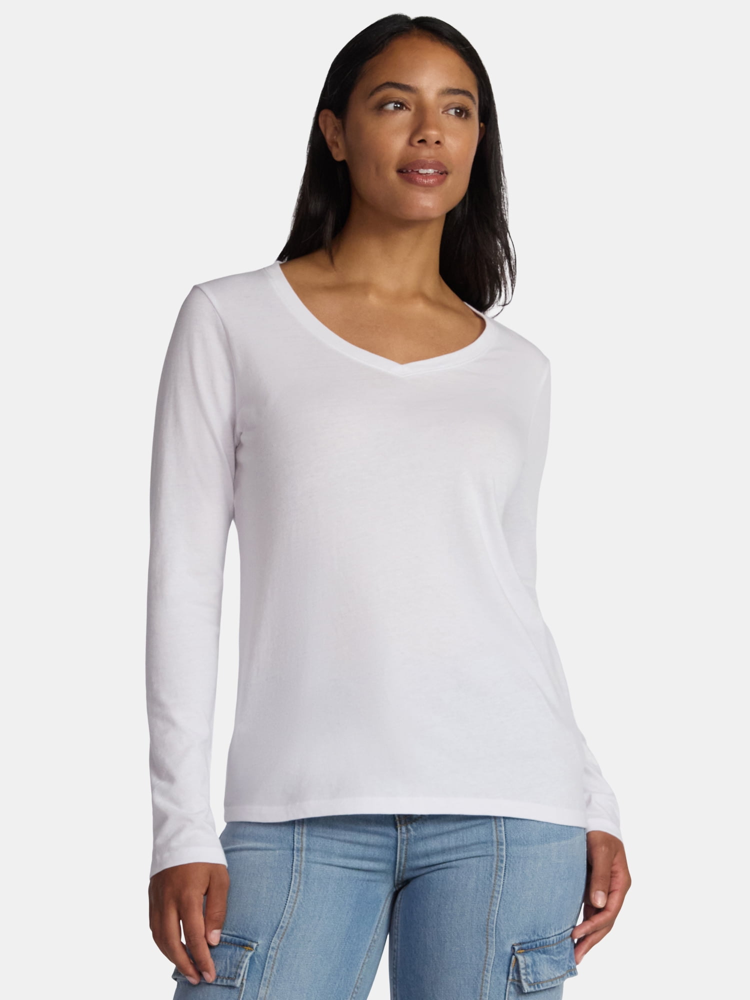 Time and Tru Women's Cotton V-Neck Tee with Long Sleeves, 2-Pack, Sizes XS-XXXL
