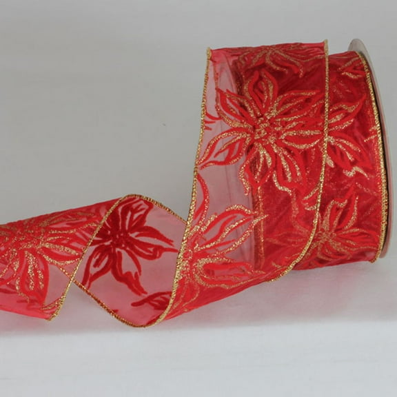The Ribbon People Red and Gold Poinsettia Sheer Metallic Christmas Wired Craft Ribbon 3" x 20 Yards