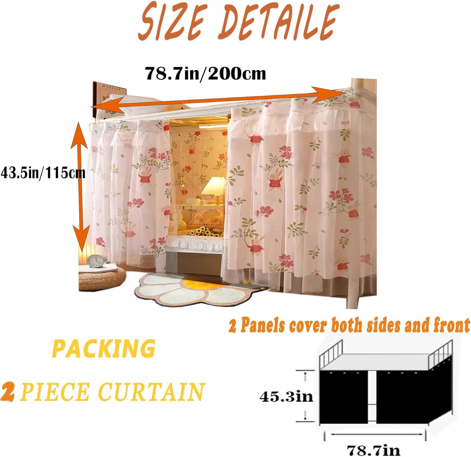 CAILDANL 2 Panels,Bottom Bunk Bed Curtains Cloth Breathable Bed Canopy Students Curtain Shading Nets for Single Bed
