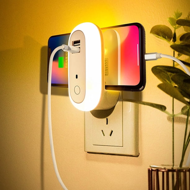 Wall Plug-in Night Light With 2 USB Charging Ports – LED Bedside Lamp, 10 Brightness Levels, Remote Control, For Bedroom, Hallway, Kids Room
