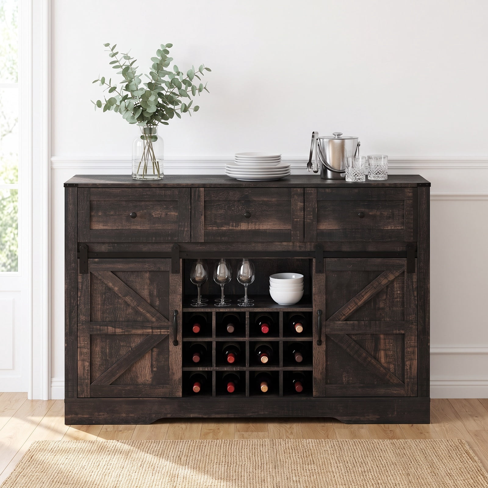 Furnibear 52 Inches Wine Bar Cabinet with LED Lights and Sliding Barn Doors for Living Room Kitchen Dining Home Bar Wine Storage, Black