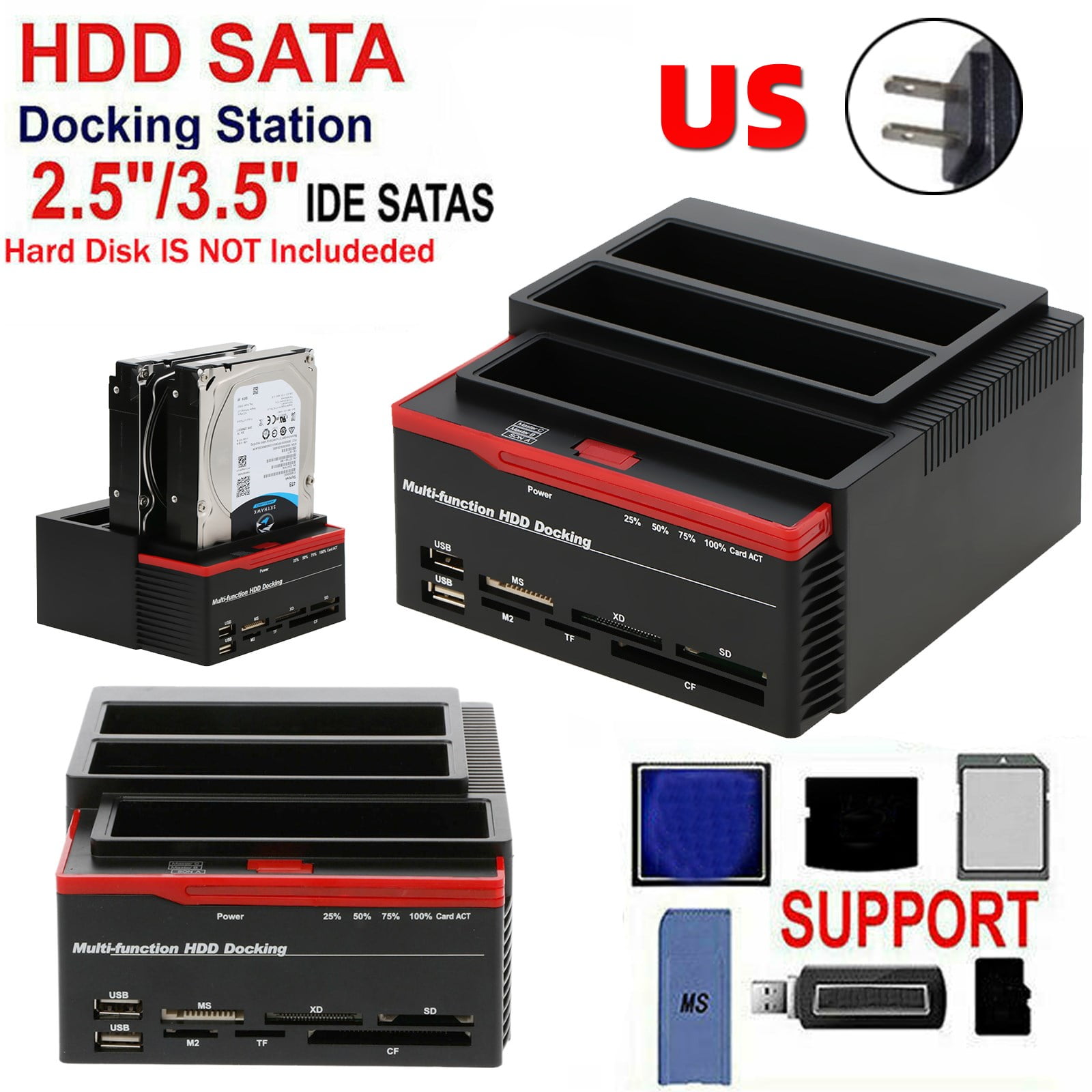3 IDE SATA 2.5 3.5 HDD Hard Drive Disk Clone Docking Station Card Reader US