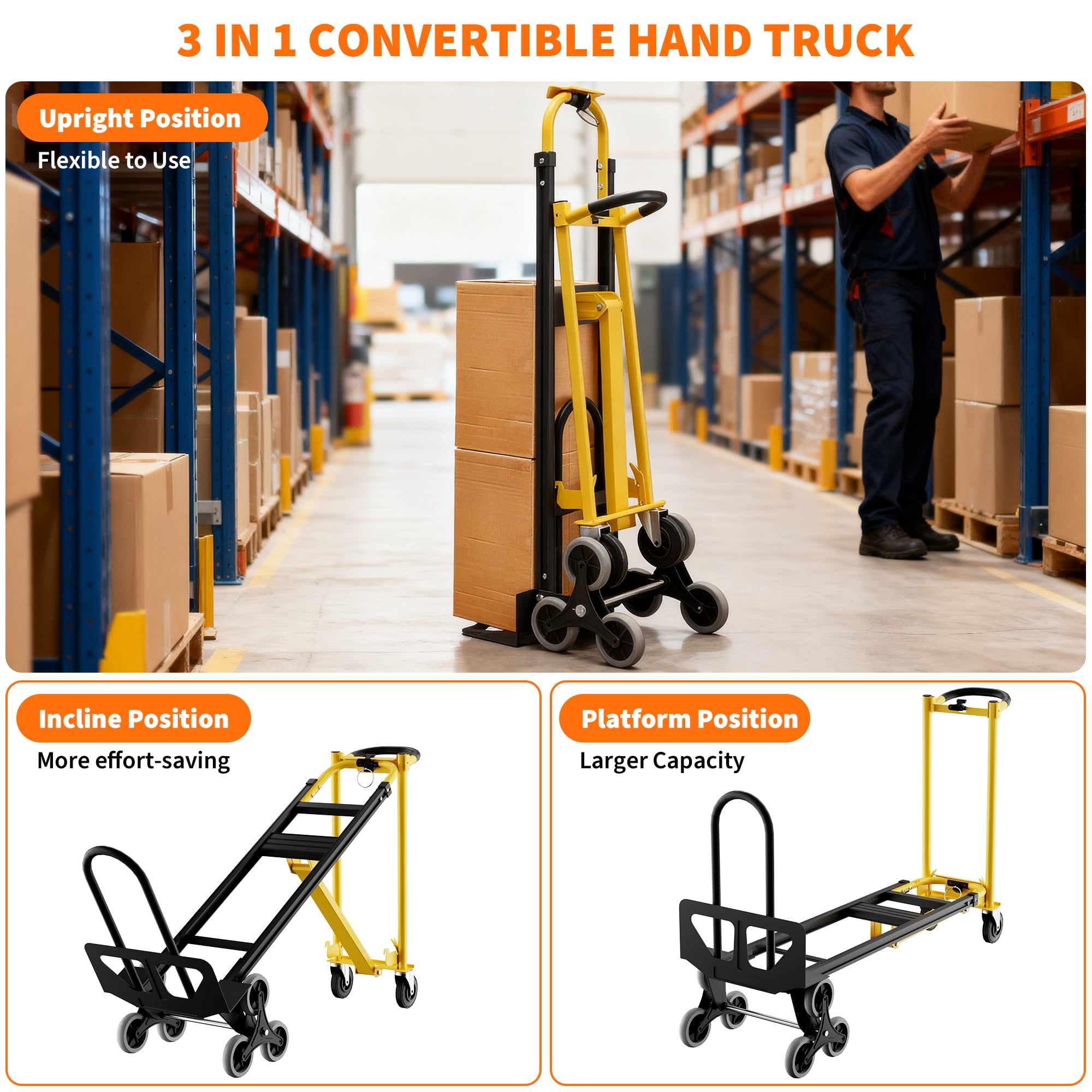 3-in-1 Heavy Duty Convertible Hand Truck Dolly – 770lbs Capacity, Steel Folding Utility Cart, Puncture-Proof & Stair-Climbing Wheels, Elastic Straps