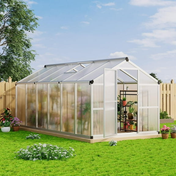 Homhougo 8x12 FT Greenhouse for Outdoors, Large Aluminum Greenhouses with Roof Vent, Polycarbonate Aluminum Greenhouse Heavy Duty, Walk-in Green Houses for Winter Garden, Backyard, Patio, Lawn
