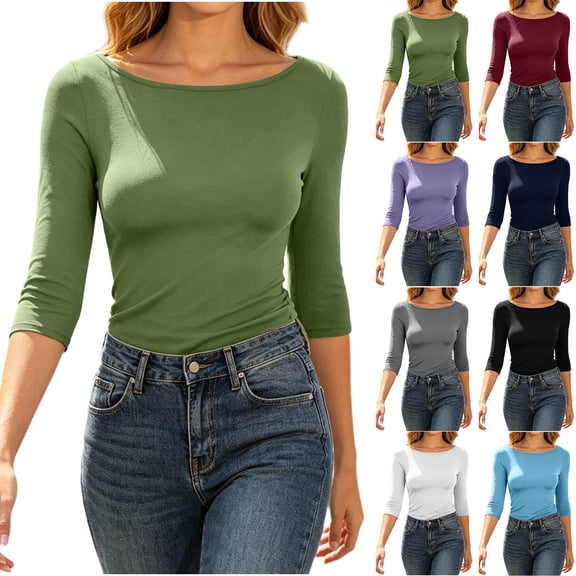 VBVC Women's Boat Neck 3/4 Sleeve Slim Fit T Shirt , Ladies' Stretchy Solid Color Fitted Basic Top , Casual Layering Undershirt Tee For Women,Black,S-2XL