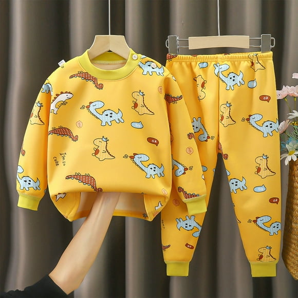 Conjuntos de blusas y camisas de cuello redondo y manga larga para niños con estampado forrado de vellón para mayor calidez Conjunto de ropa de dormir de manga larga con cuello redondo para el hogar d