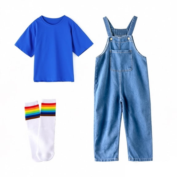 Laipiong Toddler Girls Denim Overalls Outfits Summer Casual Loose Fit Short Sleeve Jumpsuit with Top Stretch Comfy Loose Fit Clothes