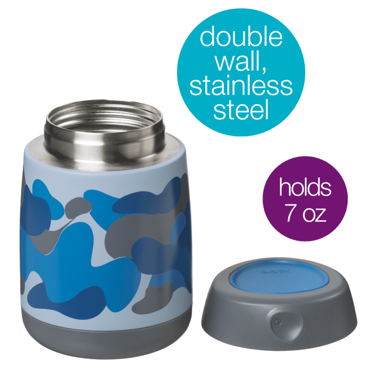 b.box Insulated Food Jar Mini | Small Snack Container for Babies and Kids | Double Wall Stainless Steel | Keeps Food Cold for 6hrs, Warm for 4hrs | (Blue Camouflage, 7 oz)