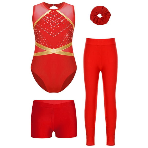 inlzdz Girls 4Pcs Gymnastics Leotard Ice Skating Dance Unitard Matching Shorts Leggings Hair Ties Set Red 16